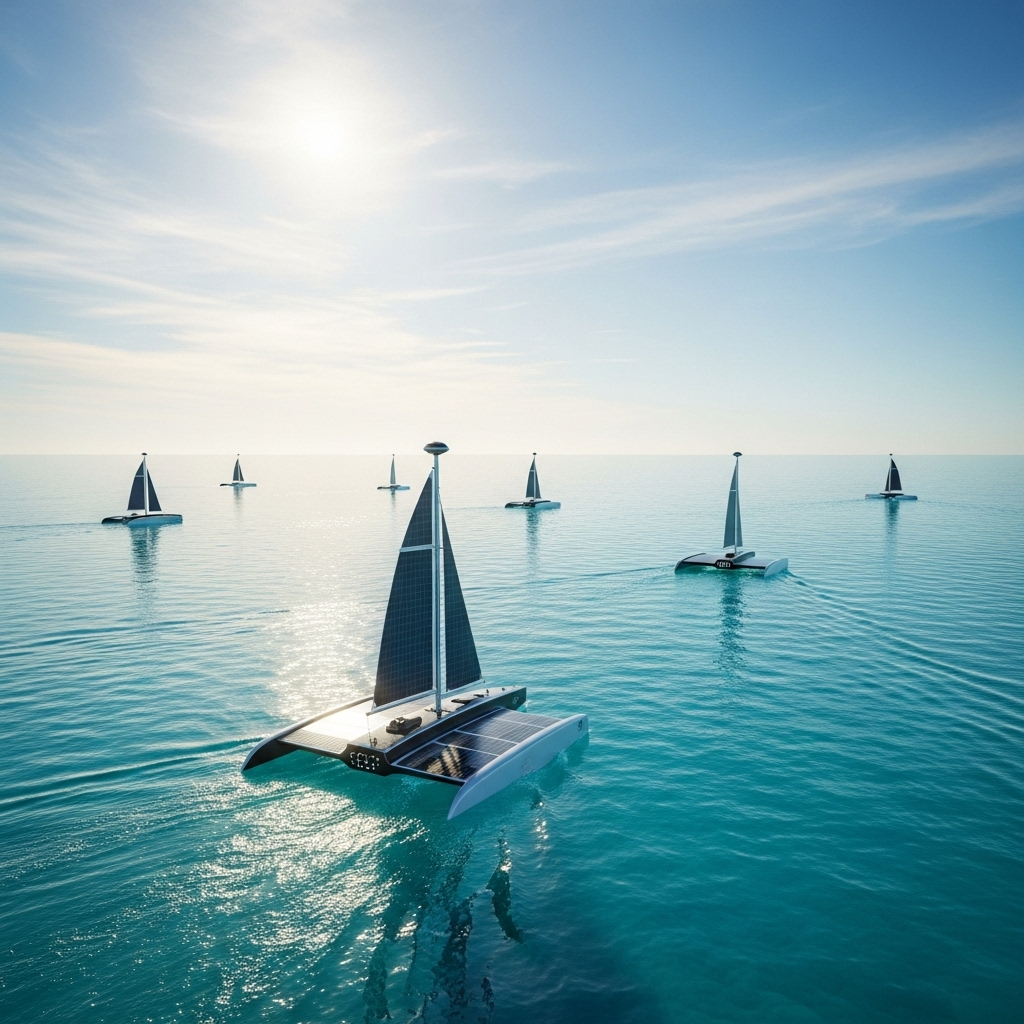 A serene and vast ocean landscape with several robotic sailboats calmly exploring the surface. The water is clear, and the sky is bright, conveying a sense of peace and advanced exploration. Style: beautiful landscape photography. No text.