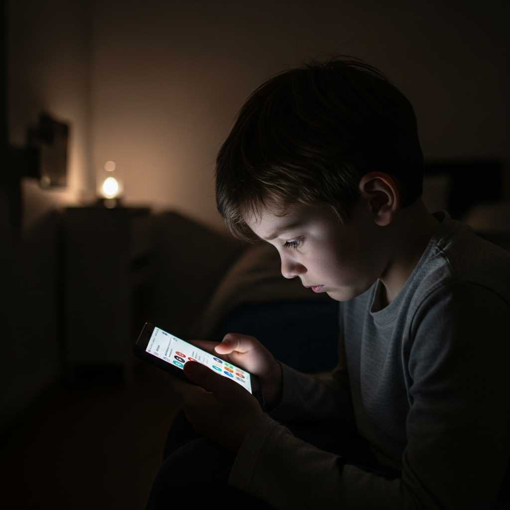 A child using a smartphone in a dimly lit room, showing concerns about social media usage. The scene captures the serious atmosphere of digital dependency with soft lighting, realistic details, no text.