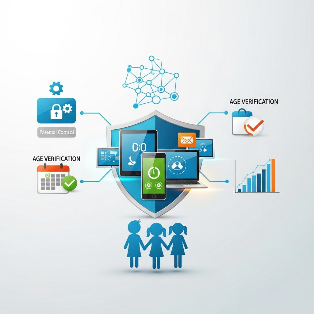Digital safety concept showing parental controls, age verification systems, and protective shields around children's devices. Clean infographic style with modern tech elements, no text.