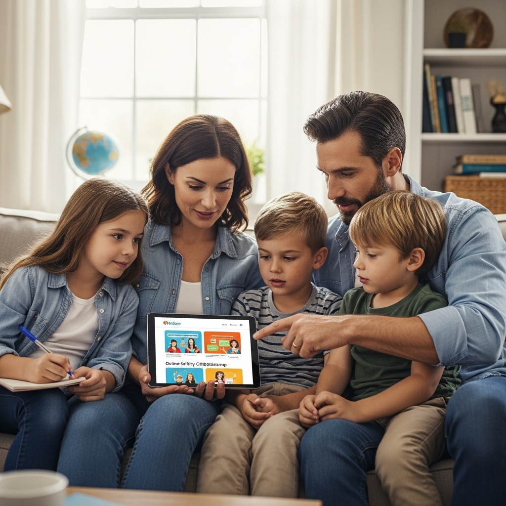 A family scene where parents and children are learning about digital literacy together, showing healthy technology usage. Warm lighting, educational atmosphere, realistic family interaction, no text.