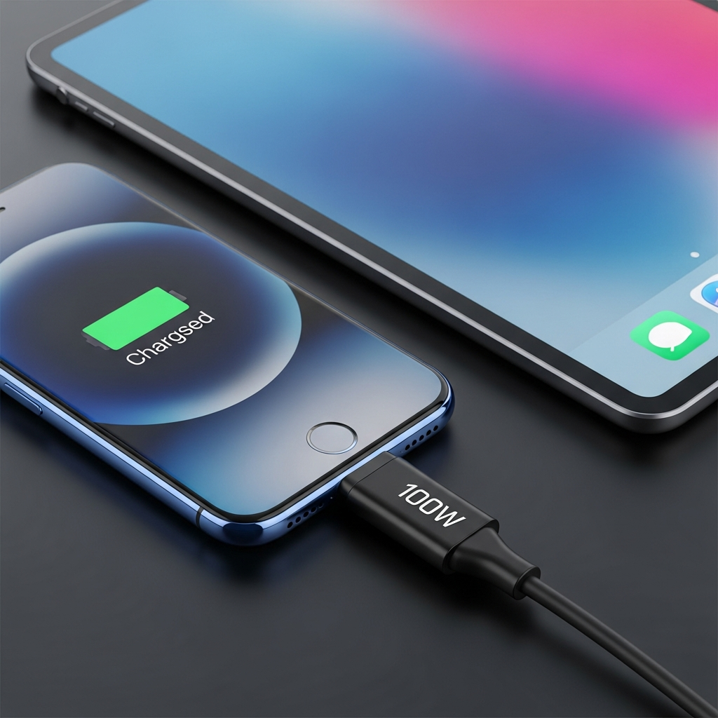 A dynamic close-up lifestyle photograph of a smartphone and a tablet being fast-charged simultaneously by a 100W multi-charging cable. A visible LED power display on the cable indicates high wattage. The background is slightly blurred to emphasize speed and efficiency in a modern setting. No text in image.