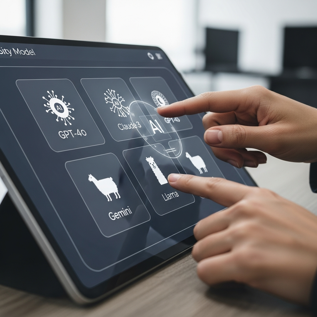 A close-up of hands interacting with a sleek, minimalist digital dashboard interface on a tablet or large monitor. The screen displays various AI model icons such as GPT-4o, Claude 3, Gemini, Llama, seamlessly integrated into a single, clean system. The background is a modern, slightly blurred office setting. Style: clean infographic, modern layout, high contrast. No visible text.