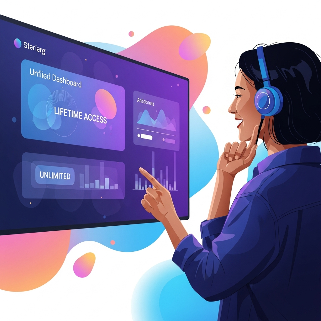 A person with a confident, satisfied smile, looking towards a vibrant, unified AI dashboard displayed on a large screen. The dashboard subtly indicates "Lifetime Access" or "Unlimited" through abstract visual cues, not explicit text. The background is an optimistic digital landscape with smooth gradients and abstract shapes representing enhanced productivity and future possibilities. Style: clean infographic, modern layout, high contrast. No visible text.