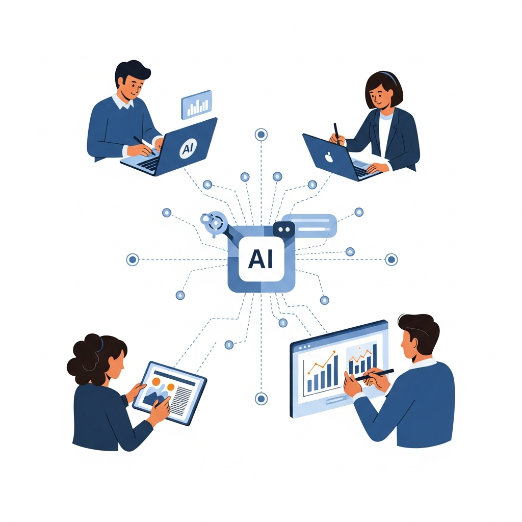 A dynamic scene depicting multiple individuals engaging in various creative and professional tasks. One person is shown writing an article on a laptop with AI assistance, another is using a digital pen to edit an image on a tablet, and a third is analyzing data on a large screen. All actions are connected by subtle digital lines converging towards a central, simplified AI hub, illustrating efficiency. Style: clean infographic, modern layout, high contrast. No visible text.