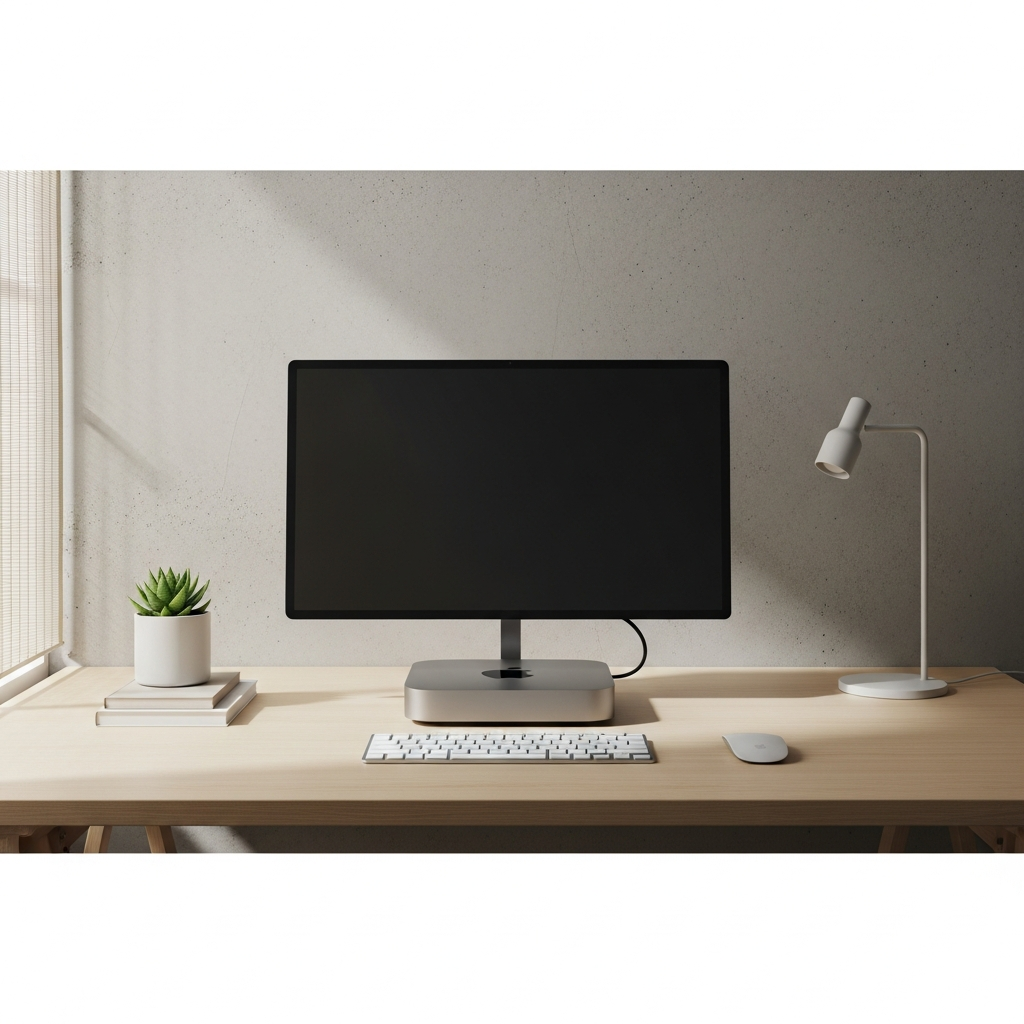 Slim and compact 2024 Mac mini redesign, minimalist desk setup, modern minimalist aesthetic, natural lighting, clean lines, textured background, no text
