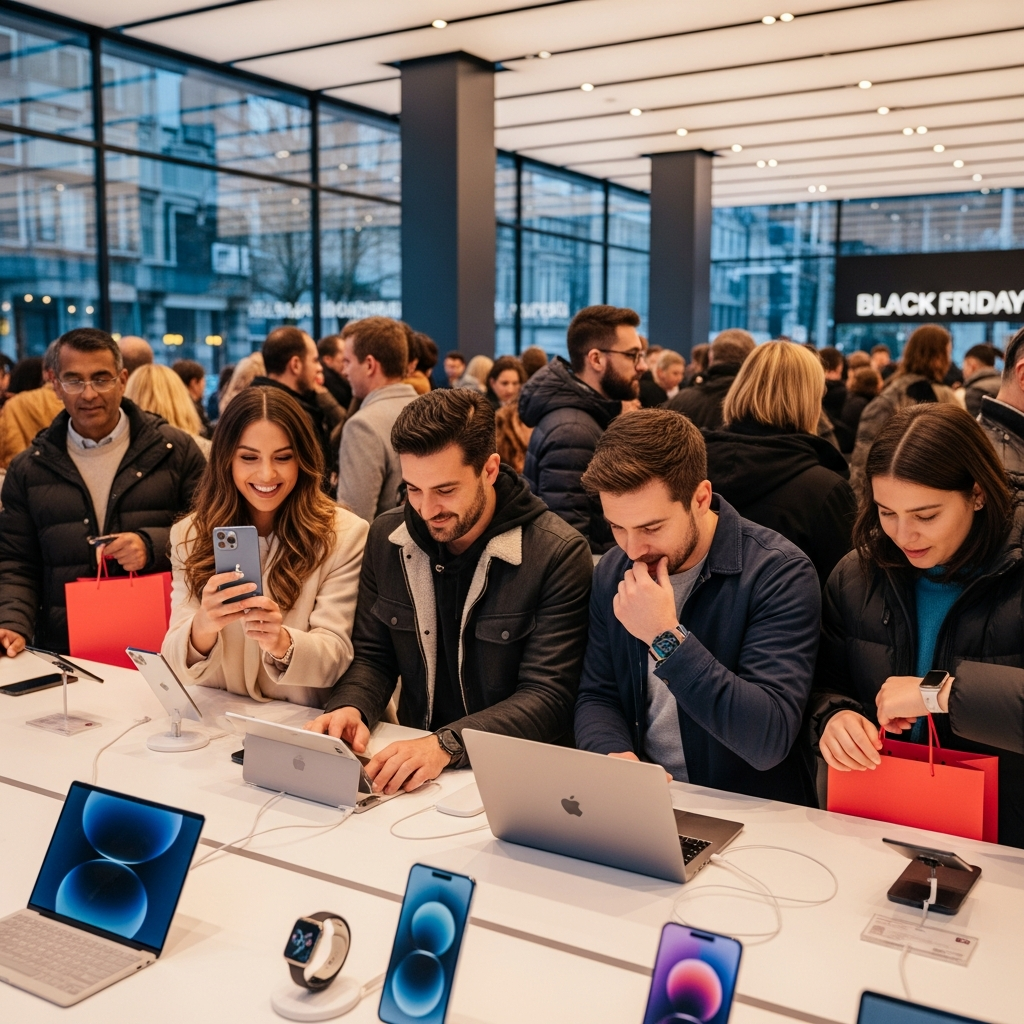 A bustling, vibrant shopping scene during Black Friday 2025, with people excitedly looking at Apple products like iPhones, MacBooks, and Apple Watches. The atmosphere is energetic and dynamic. Style: lifestyle photography, warm lighting, natural setting. No text.