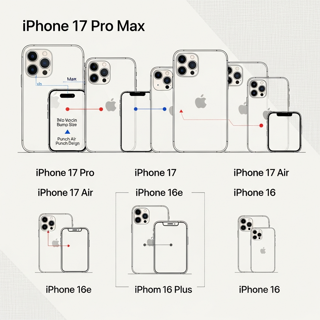 A clean infographic comparing different 2025 iPhone models (17 Pro Max, 17 Pro, 17, Air, 16e, 16 Plus, 16) with subtle visual distinctions for each. Modern layout, high contrast, balanced lighting, textured background. No text.