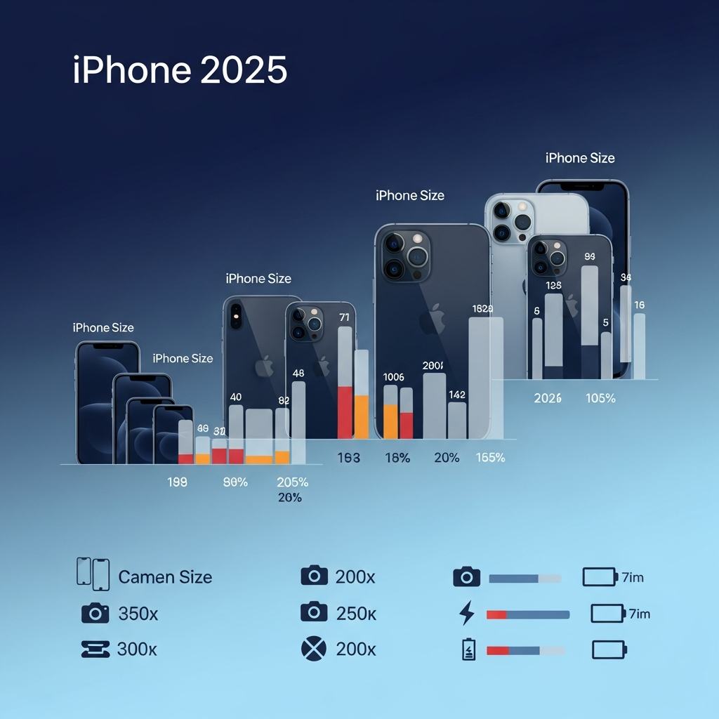 Clean infographic comparing various iPhone models from 2025, highlighting different features like screen size, camera, and battery life, with a modern layout and high contrast on a gradient background. No visible text.