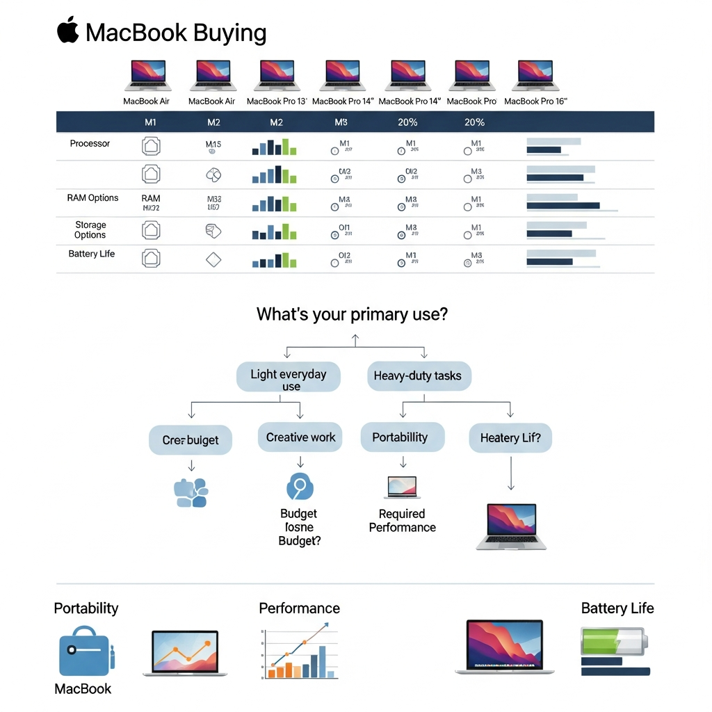 Apple MacBook buying guide infographic style, comparison charts and decision tree, modern tech consulting atmosphere, professional advice visualization, clean layout design, informative graphics, no text