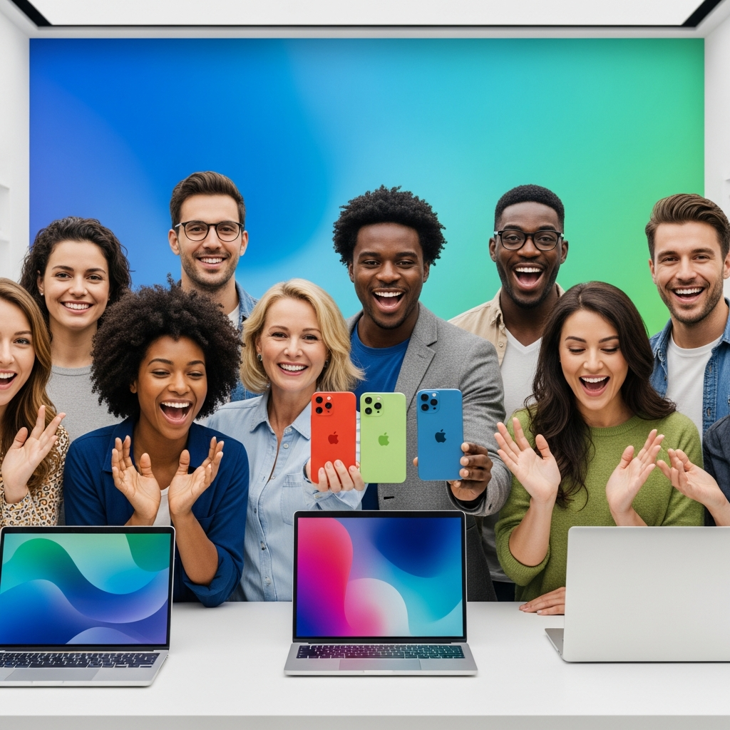 A diverse group of people from various backgrounds, looking excited and happy while holding a new, sleek, and colorful budget-friendly iPhone, iPad, and MacBook in a modern, brightly lit tech store. The background is a clean, gradient display of vibrant blues and greens, reflecting innovation and accessibility. No text.