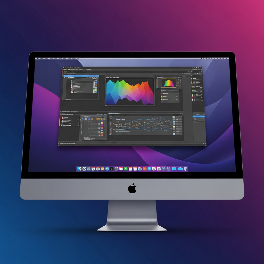 A sleek, futuristic 32-inch iMac Pro with a vibrant mini-LED display. The screen shows detailed graphic design work. The design is modern, with thin bezels and a subtle notch. The background is a gradient of deep blues and purples, emphasizing technology and innovation. No visible text or UI elements.