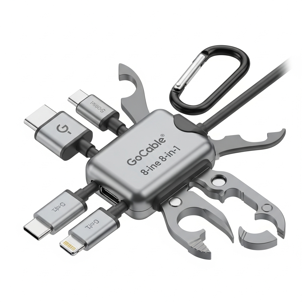 An eye-level shot of the GoCable 8-in-1 multi-charging cable, neatly displaying its various connectors (Type-C, Lightning) and integrated tools (carabiner, bottle opener, cutter). A clean, modern product photography style with bright, even lighting, highlighting the compact and versatile design. No text in image.