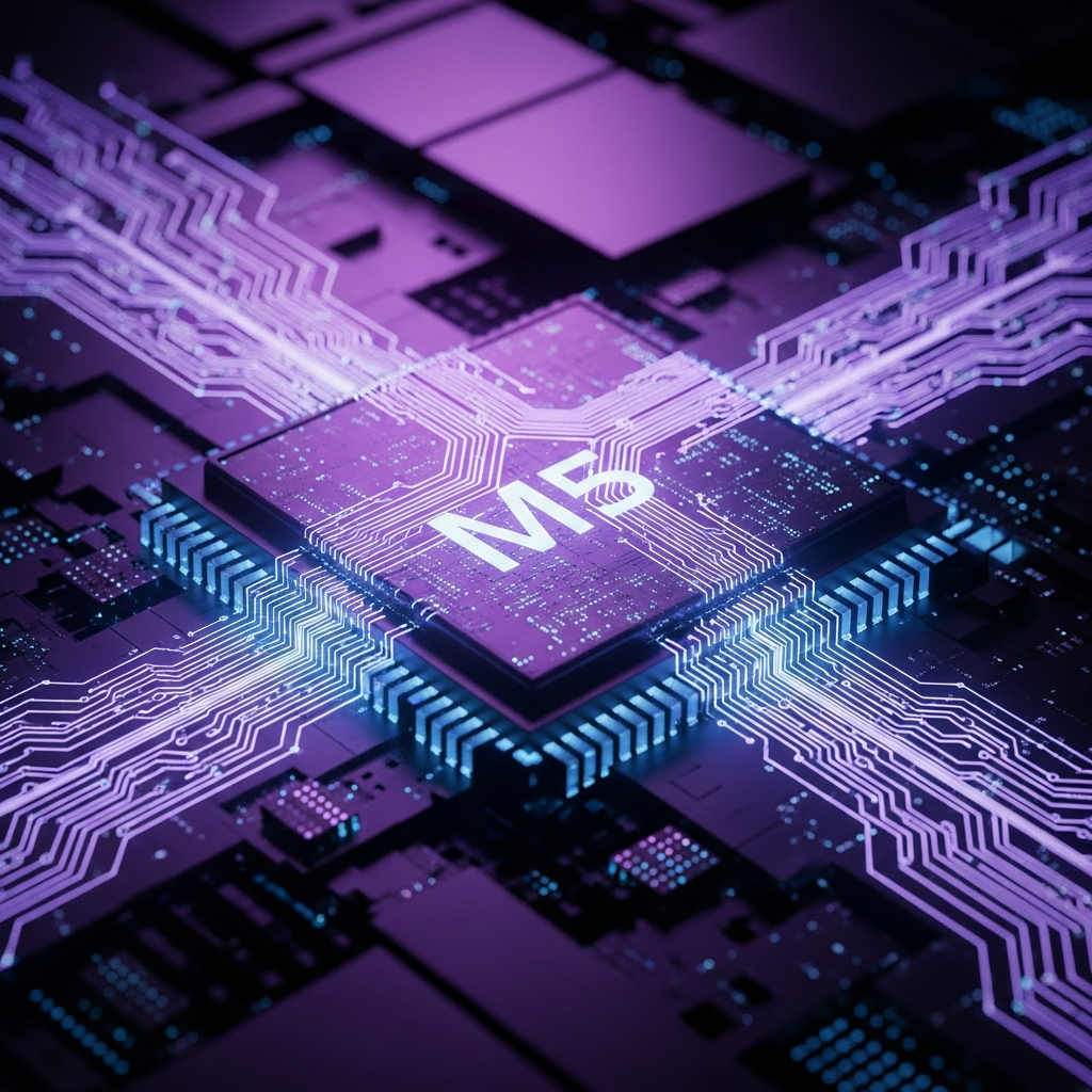 A futuristic representation of M5 chip with AI neural processing capabilities, glowing circuits and data pathways, high-tech visualization, purple and blue lighting effects, modern tech aesthetic, no text