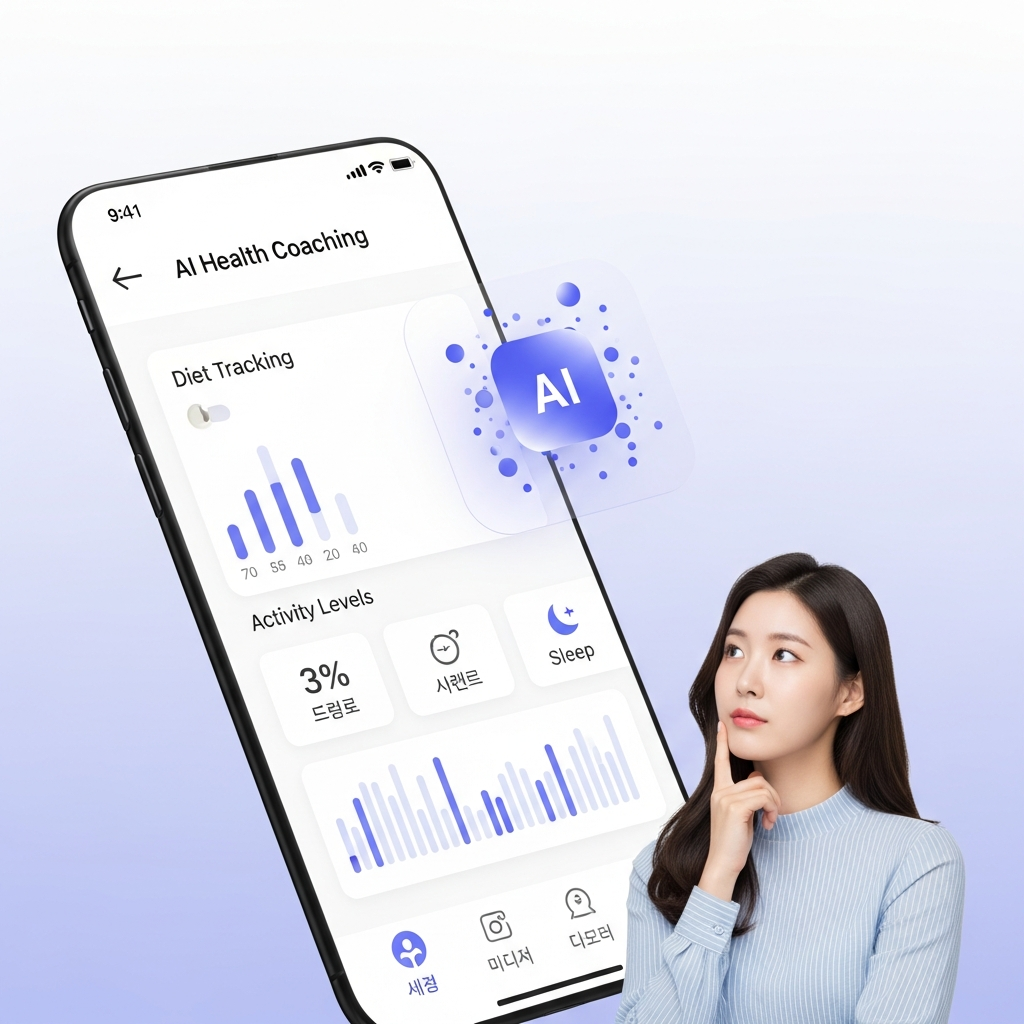 Clean infographic showing a smartphone interface with AI health coaching features. Data visualizations represent diet tracking, activity levels, and sleep patterns. An abstract AI icon is visible, suggesting intelligent analysis. The background is a soft gradient. No text. A young Korean woman is looking at the screen with a thoughtful expression.