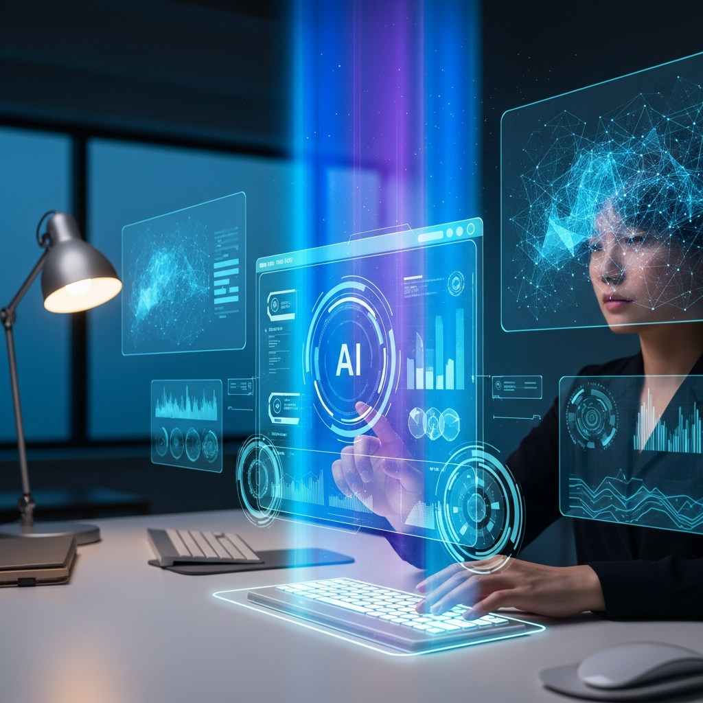 Futuristic digital workspace showing AI search interface with holographic elements, modern technology visualization, vibrant blue and purple gradients, clean interface design, Korean person using advanced search technology, bright ambient lighting, no text