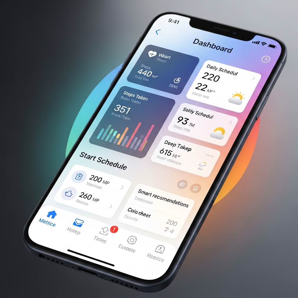 Smartphone displaying AI-powered personalized dashboard with health metrics, schedule, weather, and smart recommendations, modern UI design, bright screen lighting, gradient background, no text