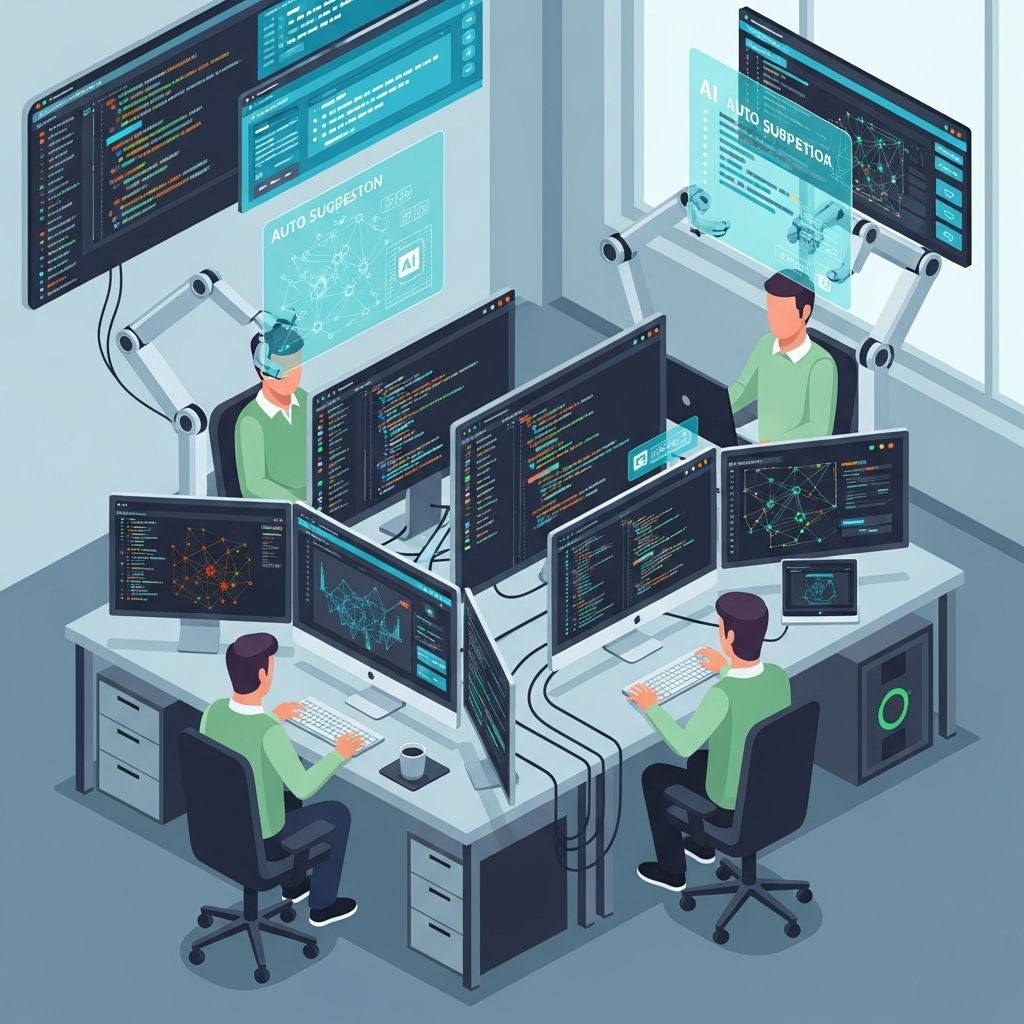 Modern office environment showing AI coding tools on computer screens, developers working alongside artificial intelligence systems, clean tech workspace, professional lighting, infographic style, no text