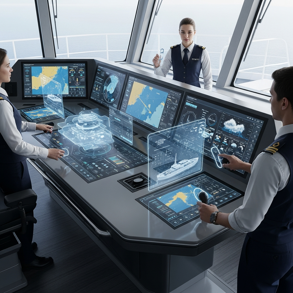 Advanced AI communication system on maritime vessel, futuristic technology interface, professional maritime setting, bright natural lighting, innovation concept, no text