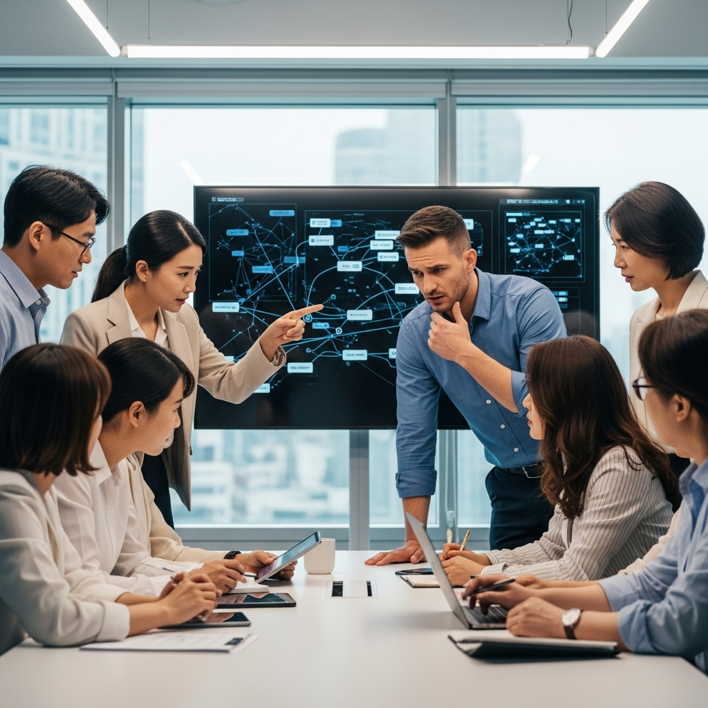 A diverse group of Korean professionals (men and women) in a modern meeting room, engaged in a serious discussion about AI ethics and limitations. One person is pointing at a data visualization on a screen, looking concerned. Style: professional lifestyle photography, soft office lighting. No text.