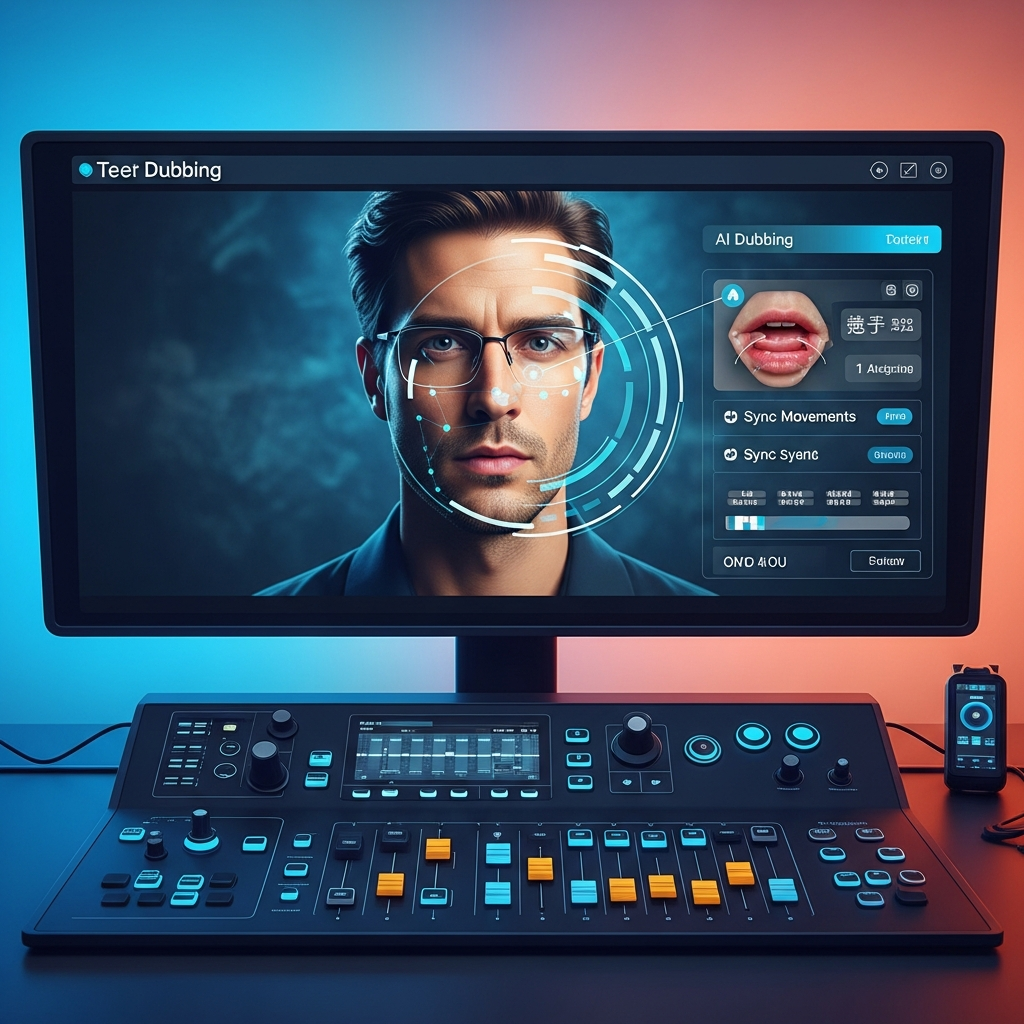 A modern film studio scene where a digital interface displays an actor's face being subtly manipulated to sync lip movements with a different language, illustrating AI dubbing technology in action. The scene is clean, high-tech, with a control panel in the foreground and a large screen showing a film frame. Style: clean infographic, modern layout, high contrast, colored background, no text, bright lighting.