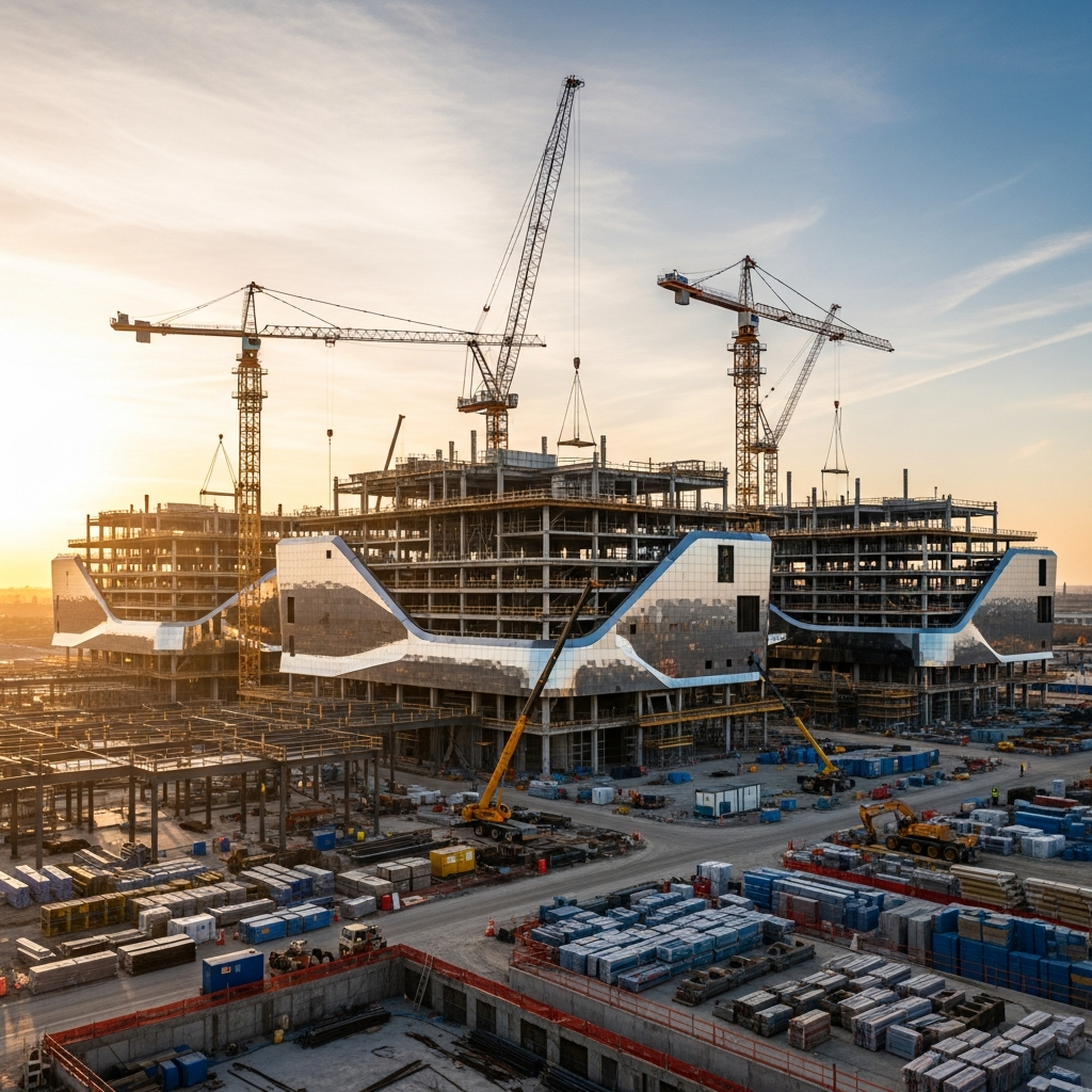 Construction site of massive AI data center with cranes and building framework, futuristic architectural design, industrial landscape, construction photography, golden hour lighting, progress and development theme, no text