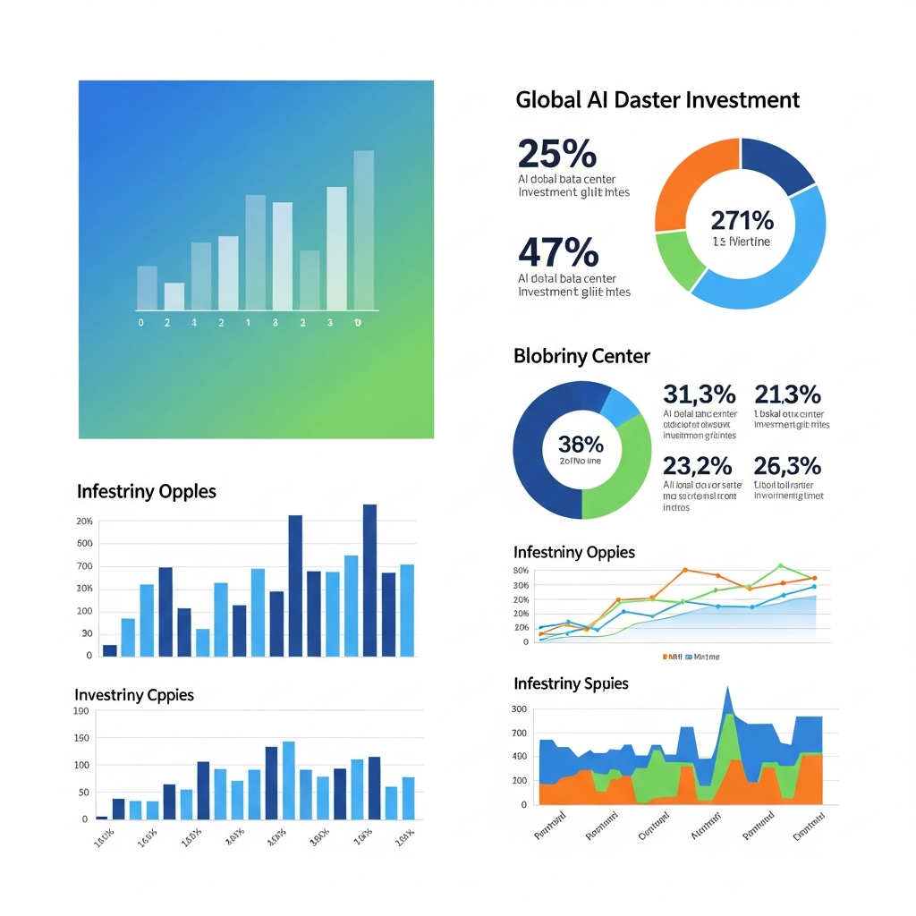 Modern infographic showing global AI data center investment statistics with colorful charts and graphs, professional business style, blue and green gradient background, clean layout with financial data visualization, no text
