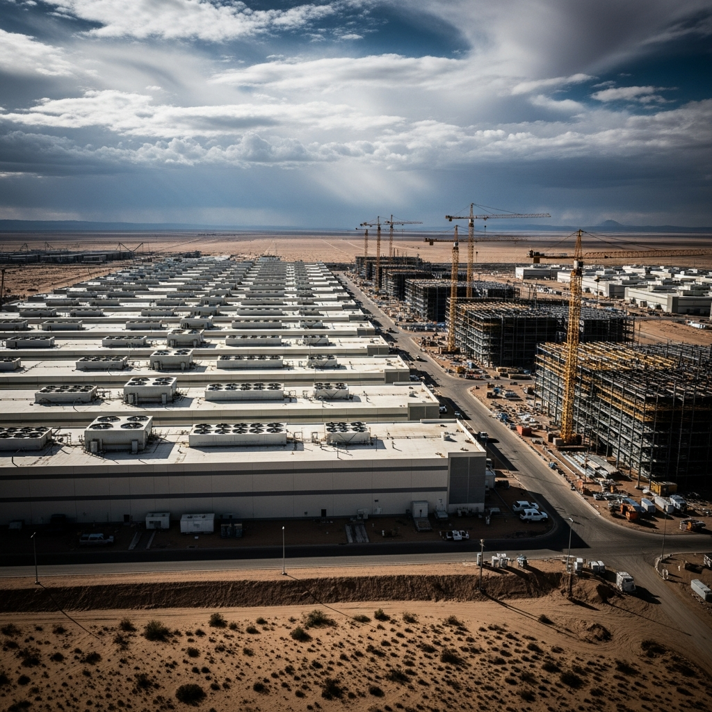 Massive data center complex in desert landscape, rows of server buildings with cooling systems, construction cranes building new facilities, dramatic sky with storm clouds, industrial scale infrastructure, realistic photography style, no text