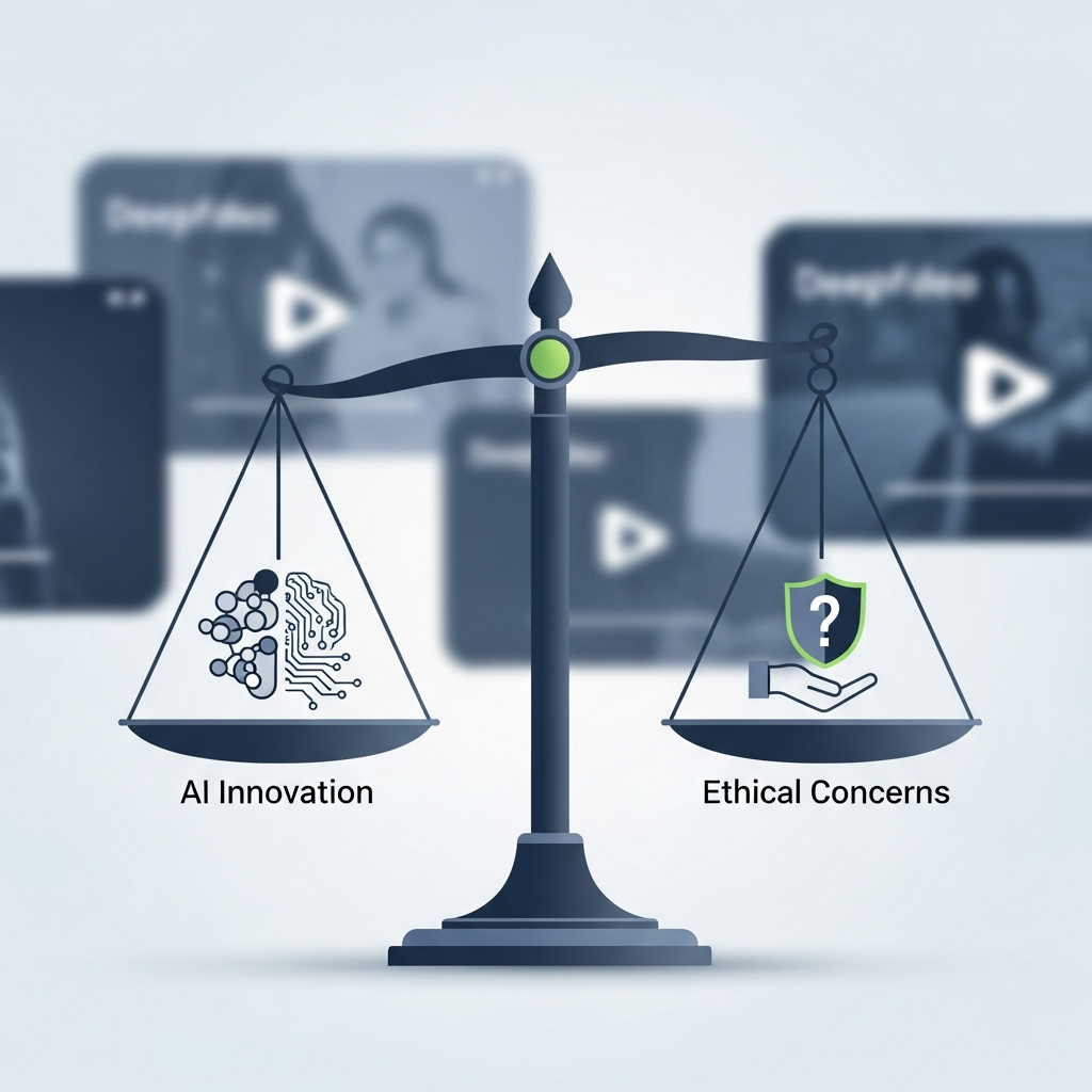 An infographic showing a balance scale with "AI Innovation" on one side and "Ethical Concerns" on the other, with deepfake video examples subtly in the background. Clean infographic style, no text.