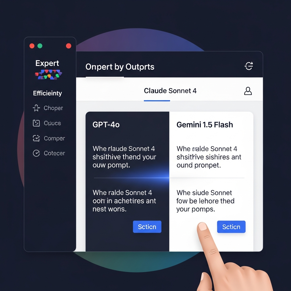 An expert user comparing side-by-side outputs from multiple AI models (GPT-4o, Claude Sonnet 4, Gemini 1.5 Flash) on a single streamlined interface. The screen shows different text responses to the same prompt, highlighting efficiency and comparison. Style: modern, clean UI design, high contrast. Minimal English UI text. Colored background, filled frame, bright balanced lighting.