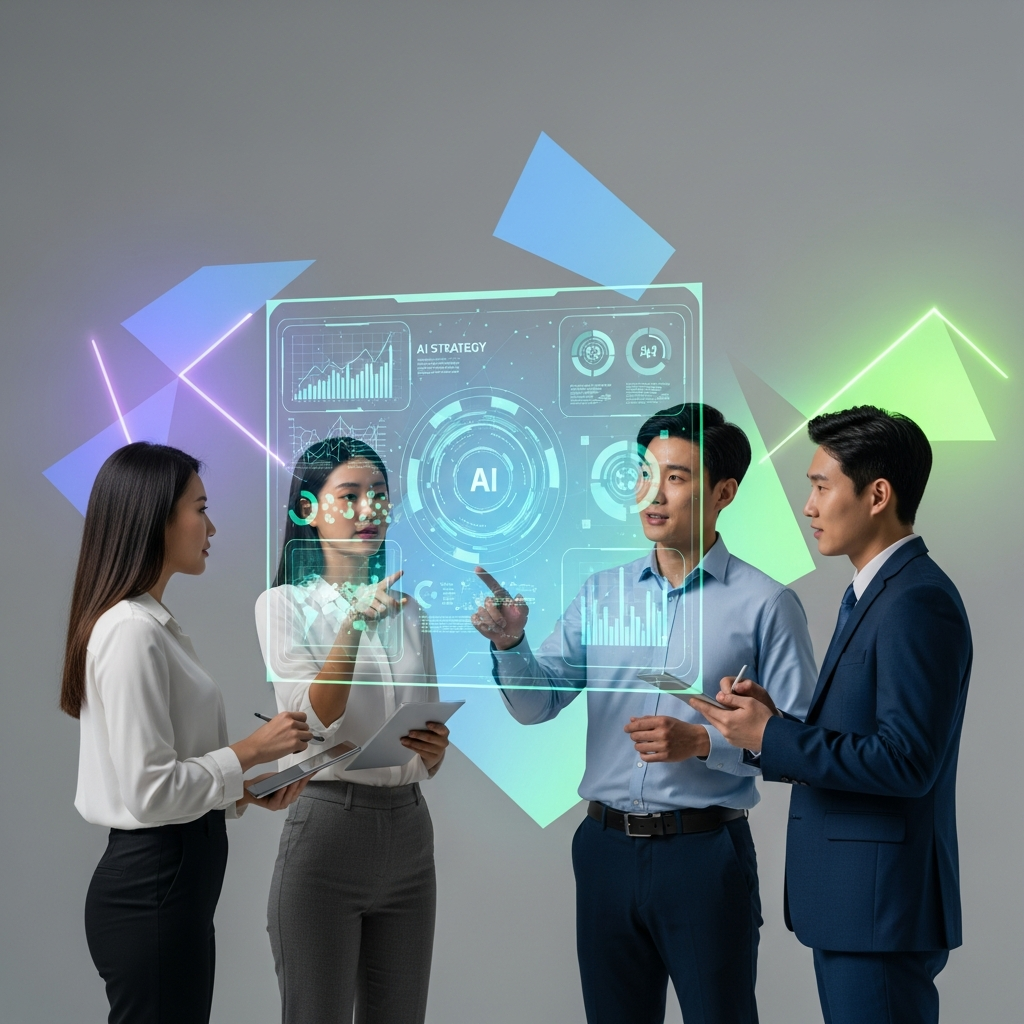 A group of diverse Korean professionals collaborating around a holographic interface, discussing AI strategy with futuristic projections. Focus on innovation and teamwork. Style: clean infographic, modern layout, high contrast. Background: abstract geometric patterns in soft, glowing colors.