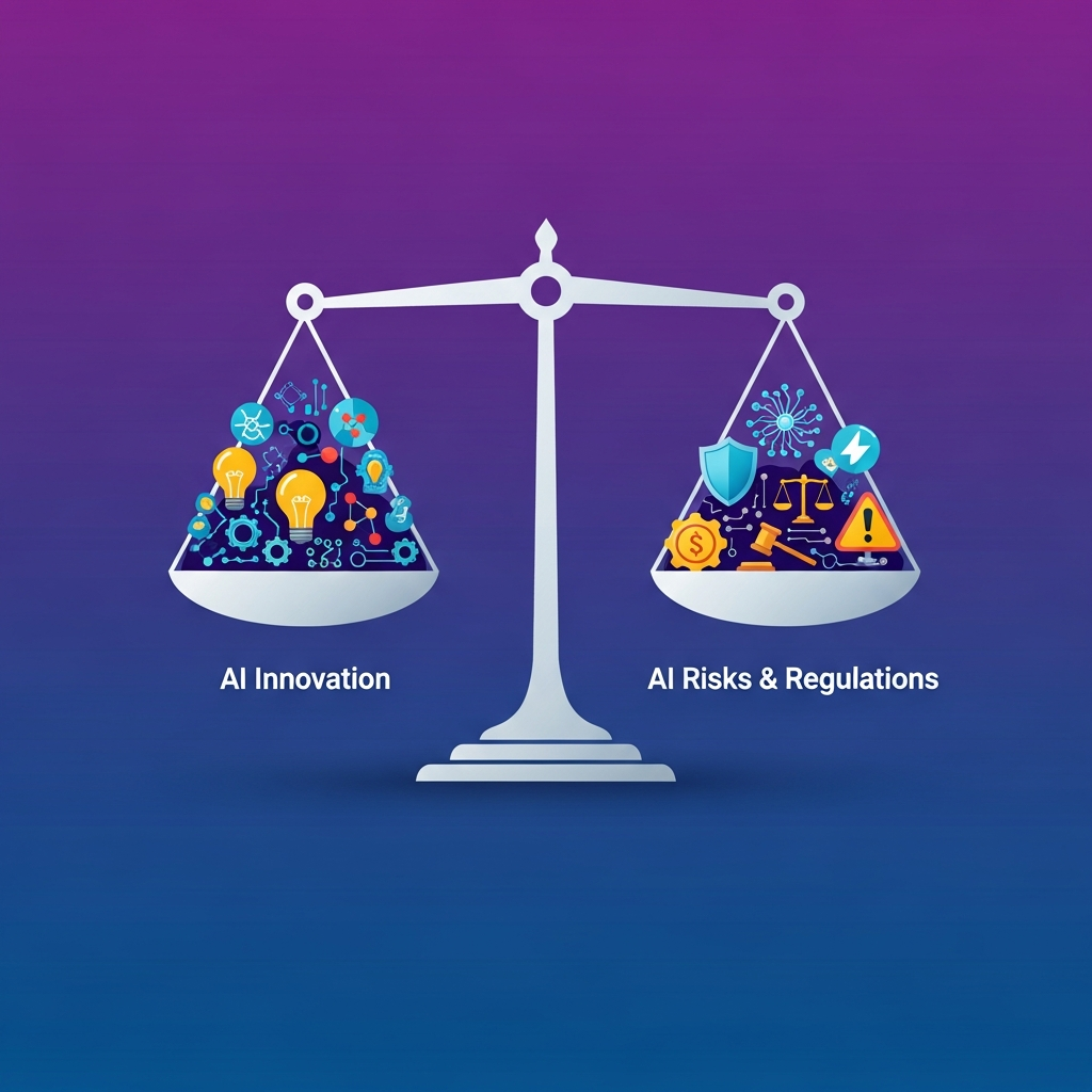 Clean infographic showing a balance scale with "AI Innovation" on one side and "AI Risks & Regulations" on the other, representing the need for equilibrium. The background is a gradient of deep blues and purples. No visible text.