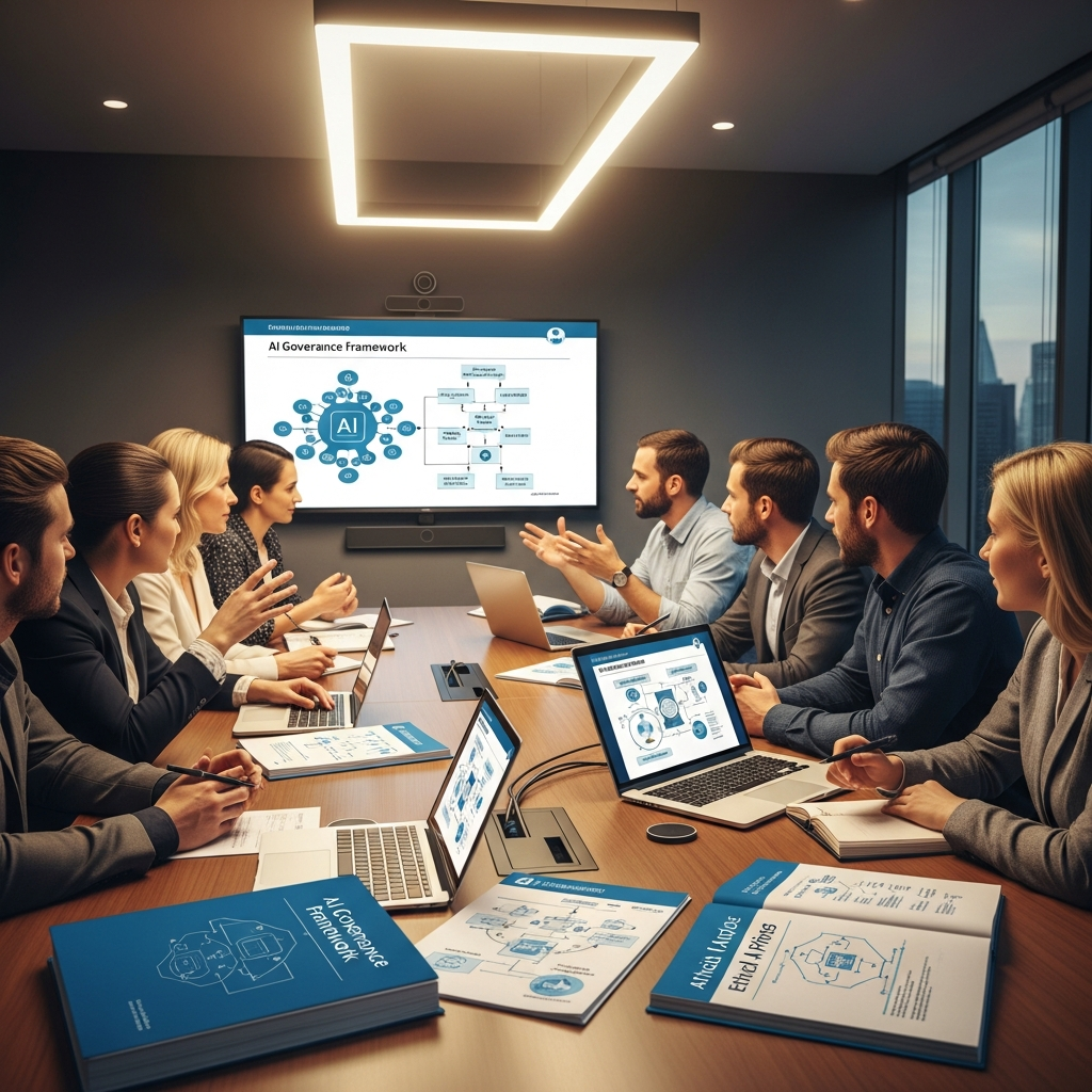 A diverse group of experts discussing AI ethics around a modern conference table with policy documents and technology displays, professional meeting atmosphere, collaborative lighting, no text