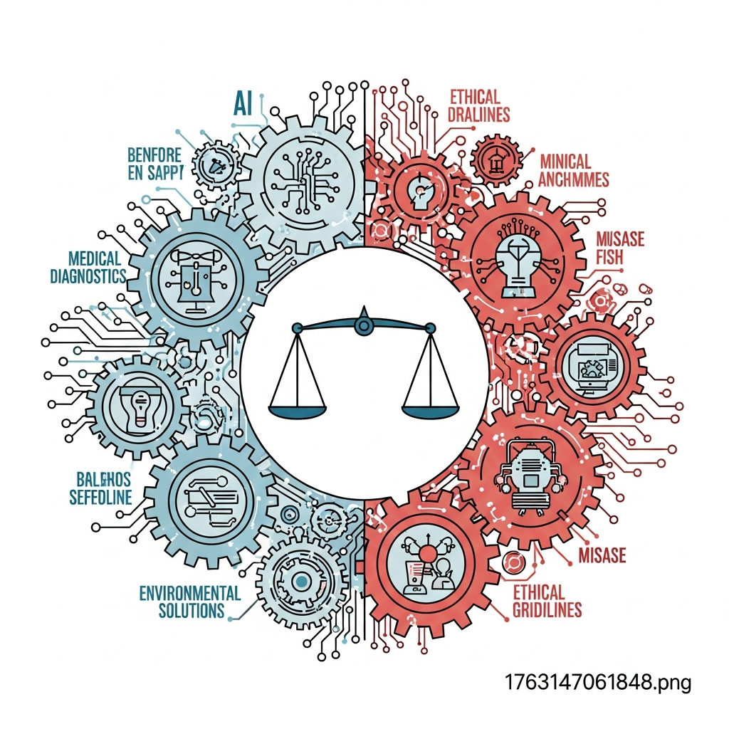 An intricate infographic with intertwining gears and circuits, one side representing beneficial AI applications (e.g., medical diagnostics, environmental solutions) and the other side showing potential risks (e.g., misuse, ethical dilemmas). A balanced scale is at the center, symbolizing the need for ethical guidelines and safety. Clean, modern design with contrasting colors. No visible text.