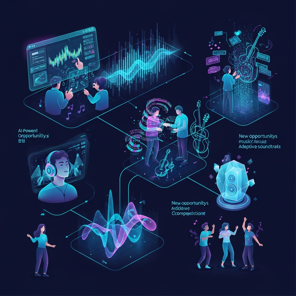 A futuristic infographic depicting the evolution of the music industry with AI. Show a timeline or a branching path illustrating new opportunities for artists and innovative music creation, with elements like holographic soundwaves and digital interfaces. Korean figures are enjoying the new music. No text in image.