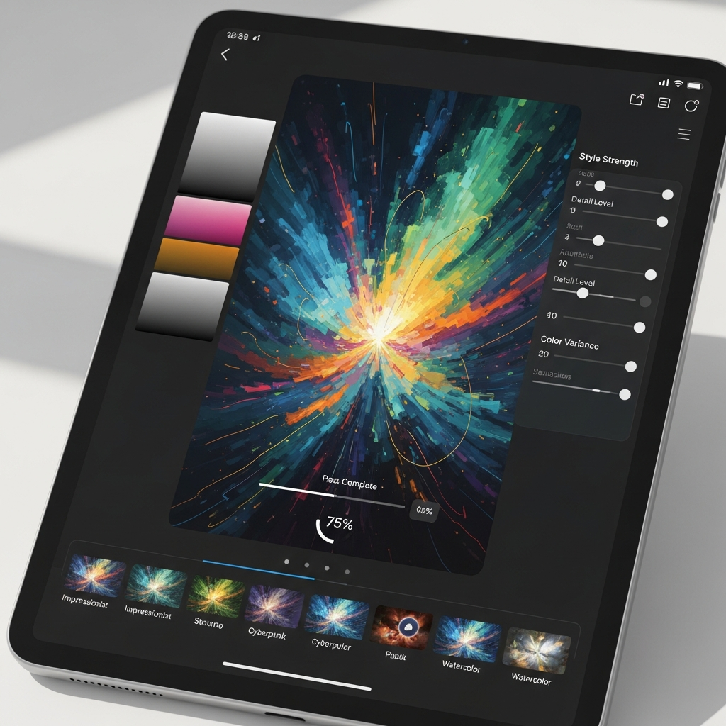 A modern tablet displaying AI image generation app interface with colorful digital artwork being created, showing processing speed indicators and creative tools, clean tech photography style, no text