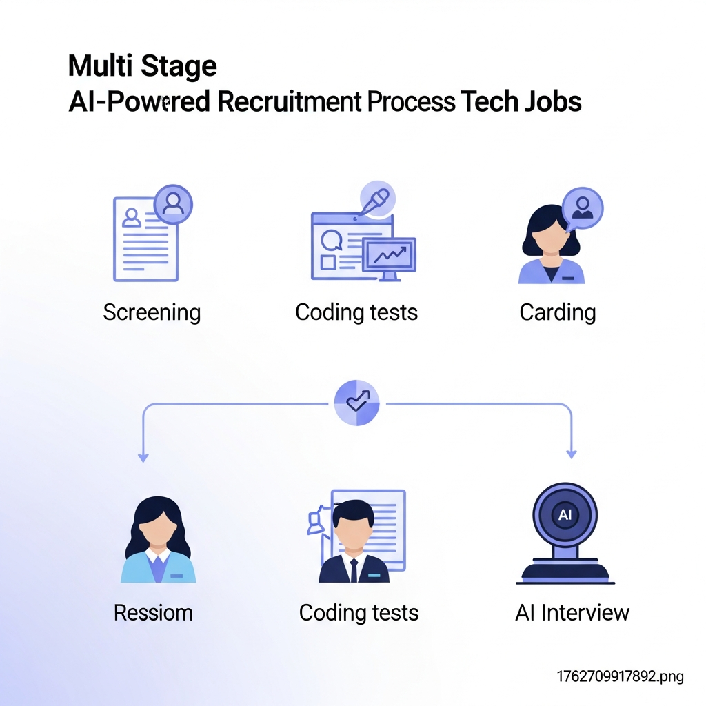 An infographic illustrating the multi-stage AI-powered recruitment process for tech jobs, with symbols representing resume screening, coding tests, and AI interviews. The background is a clean, modern design with gradient colors. Style: clean infographic, modern layout, high contrast. No text. Korean appearance people icons are shown in the recruitment process.