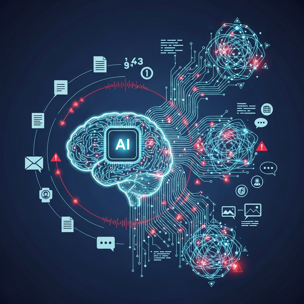 Modern illustration of an AI chatbot processing data, with complex algorithms and data streams flowing into a brain-like network. Emphasize ethical considerations with subtle red warnings. Style: clean infographic. No visible text.