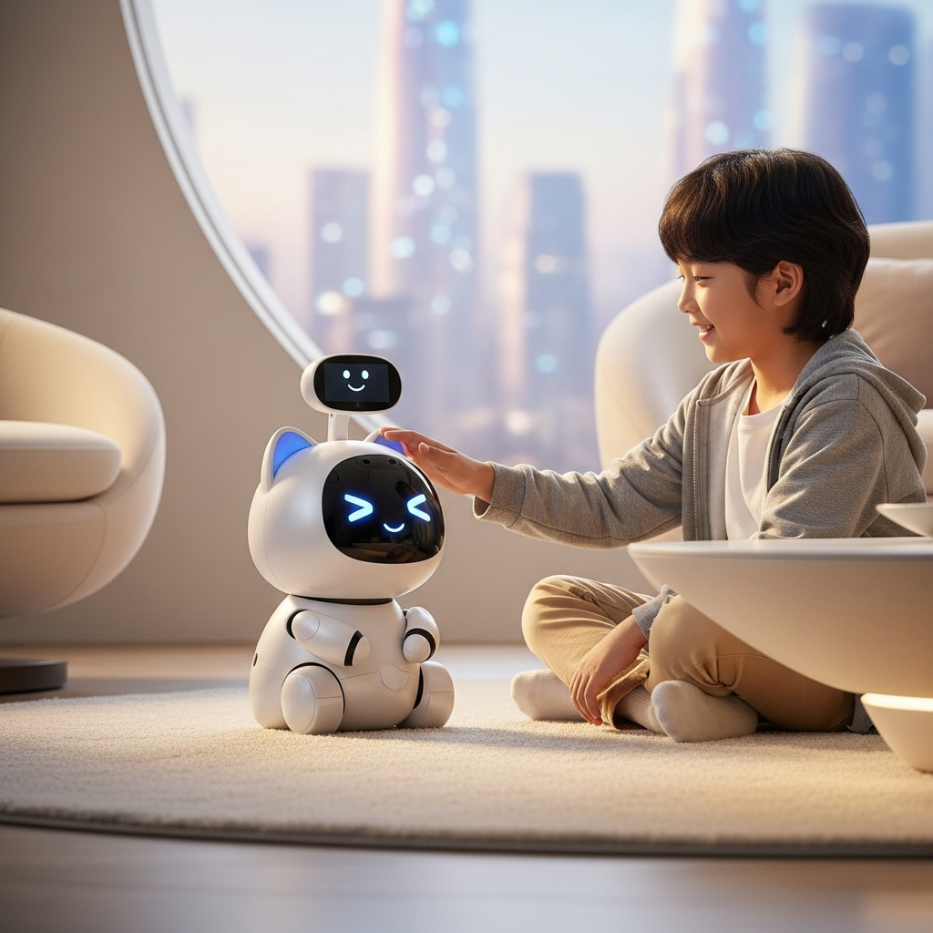 A Korean child or young adult gently interacting with a cute, friendly-looking AI pet robot. The scene is warm and futuristic, emphasizing safe and positive human-AI interaction in a home setting. Lifestyle photography, no text.