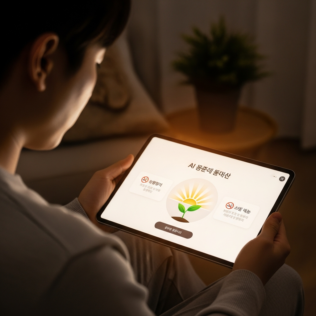A Korean person engaging with a tablet displaying an AI interface that offers supportive messages for quitting smoking. The scene is calm and focused, with a subtle medical or well-being theme in the background. Lifestyle photography, warm lighting, no text.