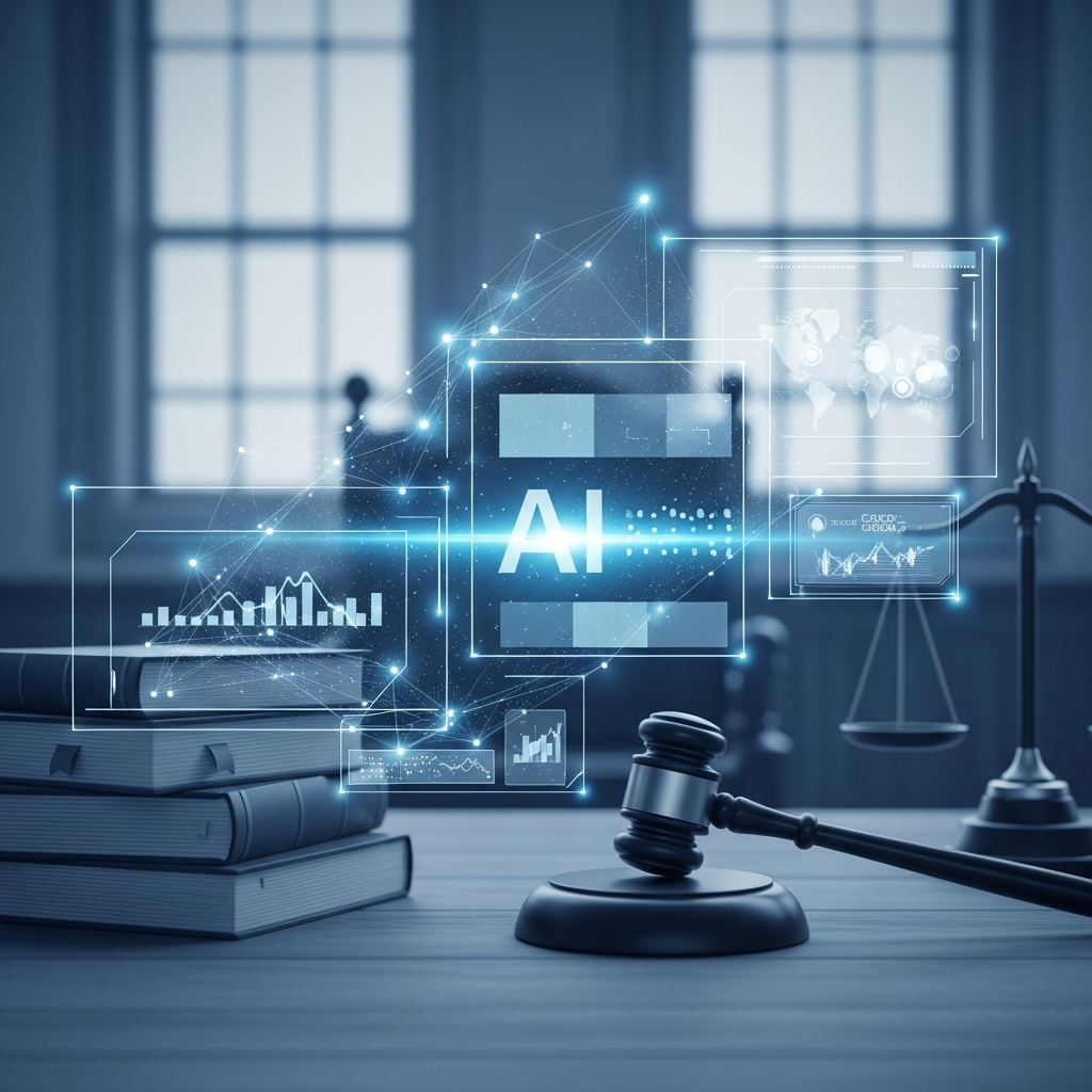 Clean infographic showing a stylized courtroom or law office setting, with a subtle AI interface overlaying traditional legal documents and scales of justice. The style is modern and professional, with a blue and grey color scheme. No visible text, no graphs.