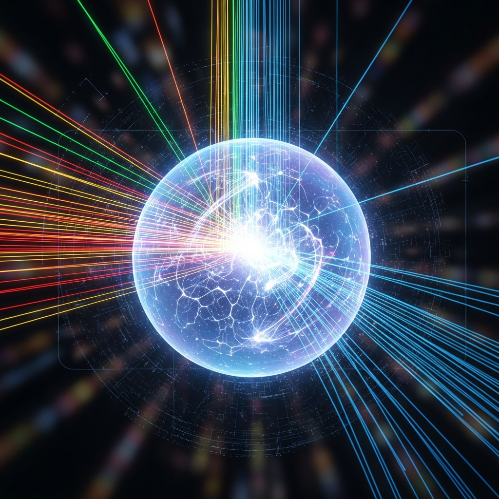 An artistic visualization of data streams flowing into and out of an AI large language model, represented as a central glowing sphere. Information is categorized and summarized into concise outputs. The style is digital art with a futuristic feel, no text.