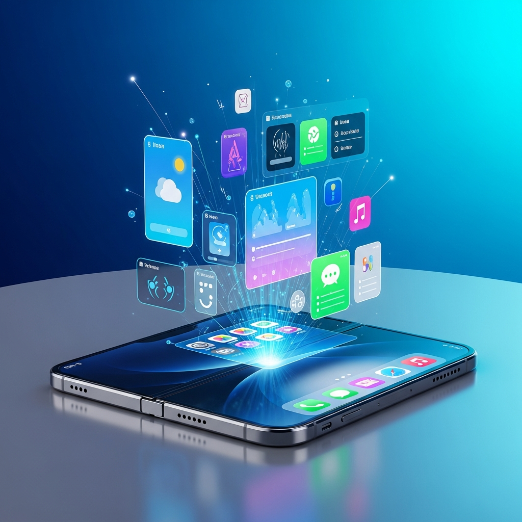 A sleek, futuristic foldable iPhone concept with a holographic display projecting a vibrant user interface onto a table. The phone is very thin, with subtle Apple-like design elements. Colored background, bright lighting. No text.