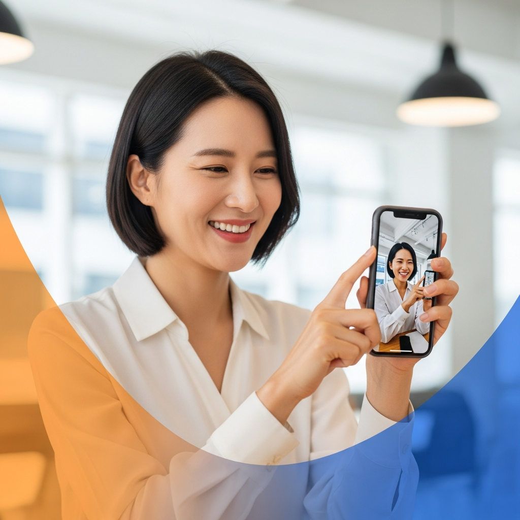 A Korean woman is smiling happily while looking at her smartphone screen, which displays a beautifully edited photo taken with an iPhone. The background shows a modern, bright office or cafe setting with soft, natural lighting. The image emphasizes the ease and joy of using AI for photo editing. No visible text, clean infographic style, colored background with subtle gradients, centered focus.