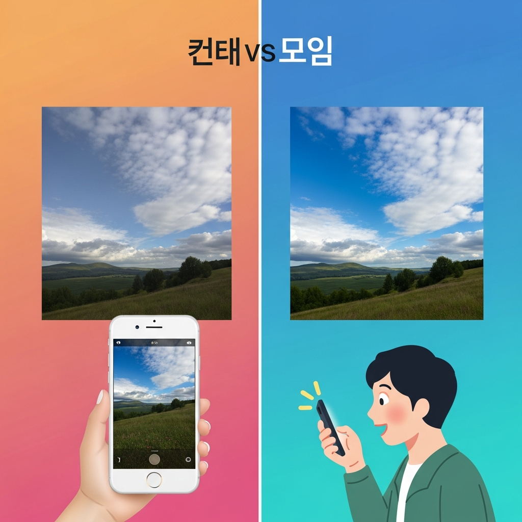 A side-by-side comparison (conceptually, not literally split) showing an initial dull, cloudy landscape photo taken with an iPhone and the same photo transformed with vibrant, blue sky and improved lighting. A Korean person is looking amazed at the transformation on a smartphone. Style: clean infographic with modern layout, high contrast, colored gradient background, no text elements. Centered focus, visually rich.