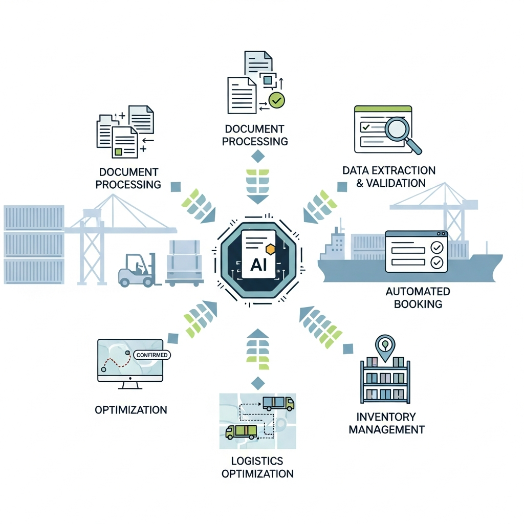 A clean infographic illustrating how AI processes complex freight booking documents, streamlines logistics, and improves efficiency in a warehouse or port setting. Focus on data flow and automation. No text in image.