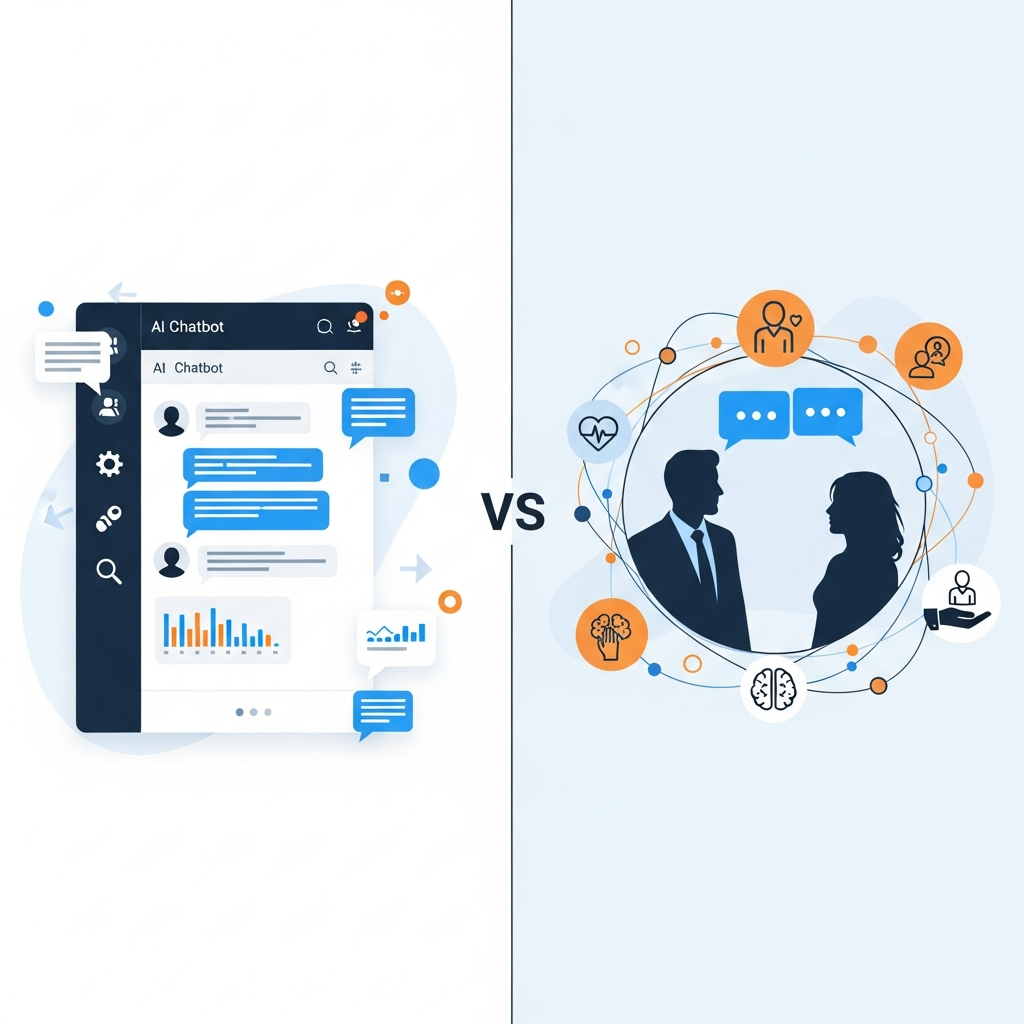 Split-screen comparison infographic showing AI chatbot interface on left and human counselor consultation on right. Modern design with icons, charts, and visual elements. Professional color scheme with blue and orange accents, no text visible.
