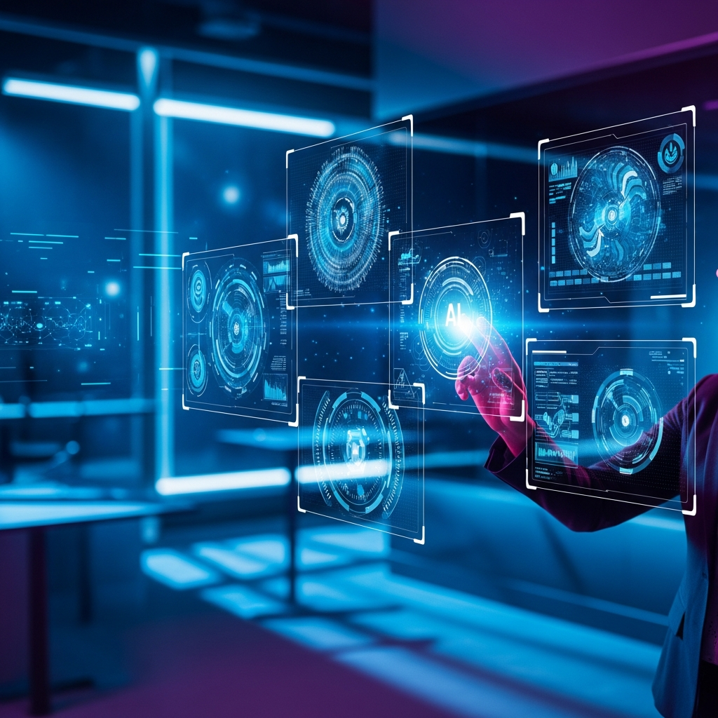 Futuristic scene of human interacting with AI interface, holographic displays, modern tech environment, blue and purple lighting, sophisticated atmosphere, digital elements, no text visible