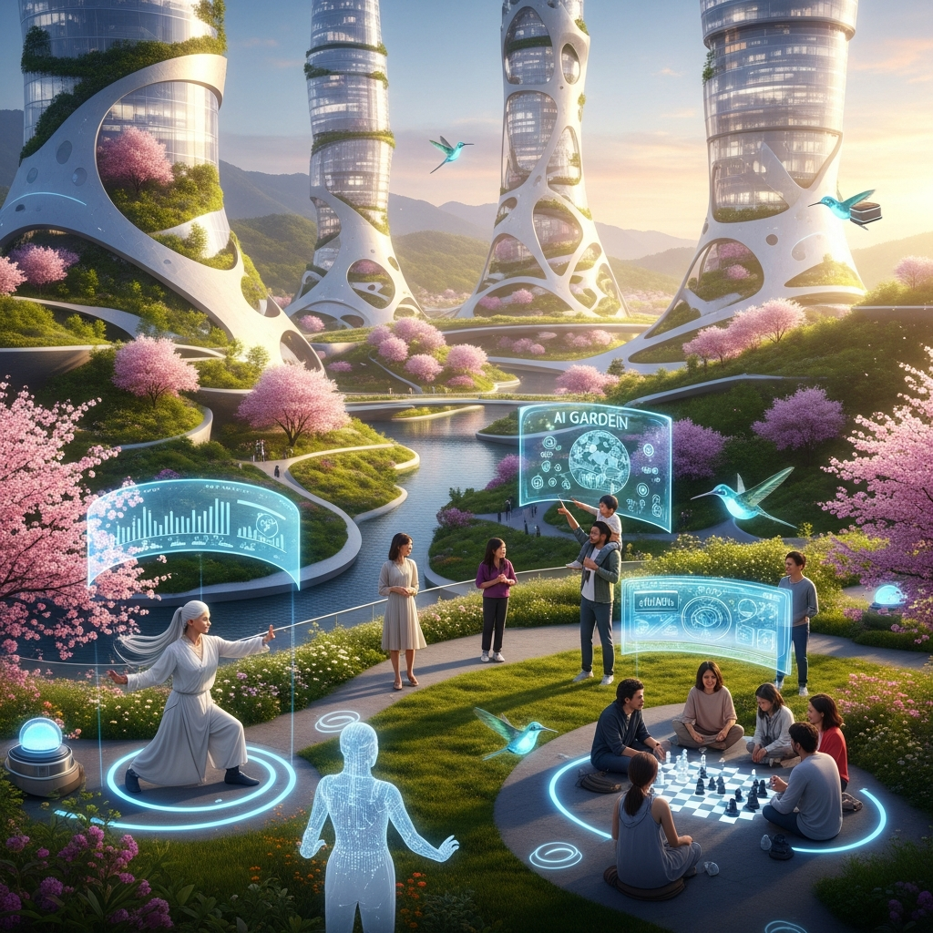 A serene landscape showing a futuristic city integrating harmoniously with nature, with subtle AI interfaces assisting daily life in a safe and beneficial way. People are interacting peacefully with technology, symbolizing a balanced future where AI serves humanity ethically. Warm, inviting color palette. No visible text.