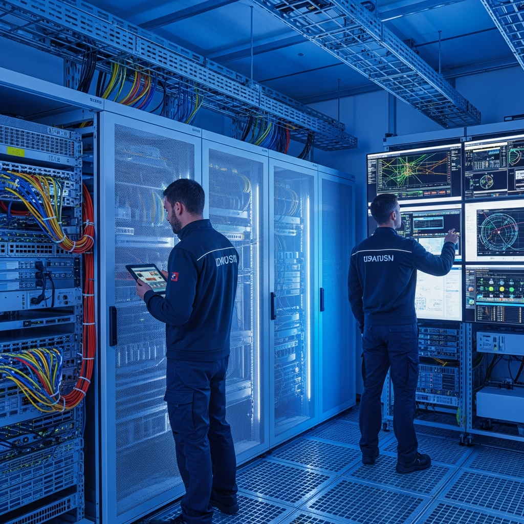 Professional data center environment showing server racks and network equipment with technicians working on cloud infrastructure maintenance. Modern technology setting with blue lighting and monitoring screens. No text.