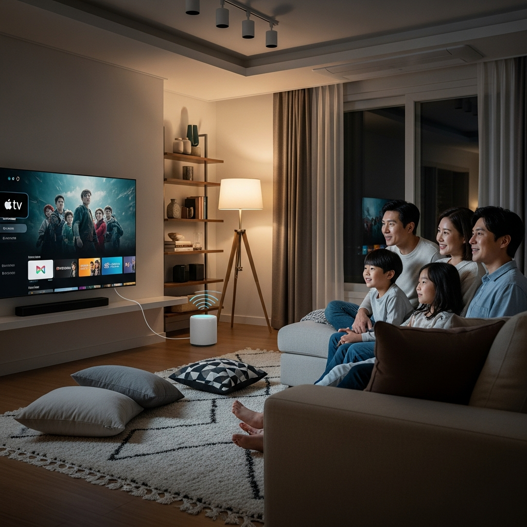 A Korean family enjoying a movie in a living room, with an AirPlay speaker connected to an Apple TV, creating an immersive sound experience. The room has a cozy, modern feel with balanced lighting. Lifestyle photography, natural setting, textured background. No text.